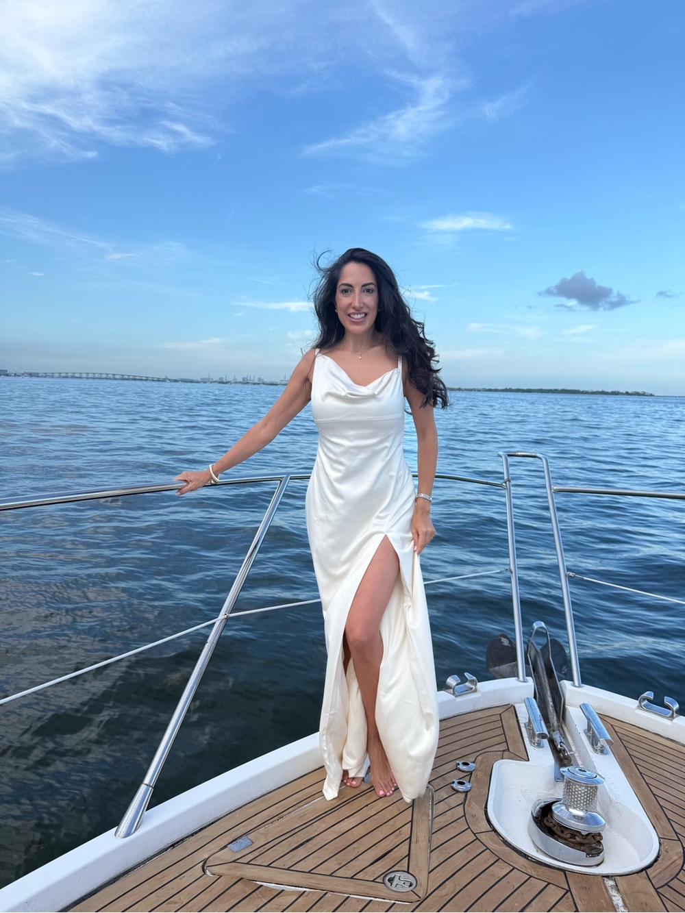 Camila Coelho Ivory Satin Cowl Neck Maxi Dress with Front Slit